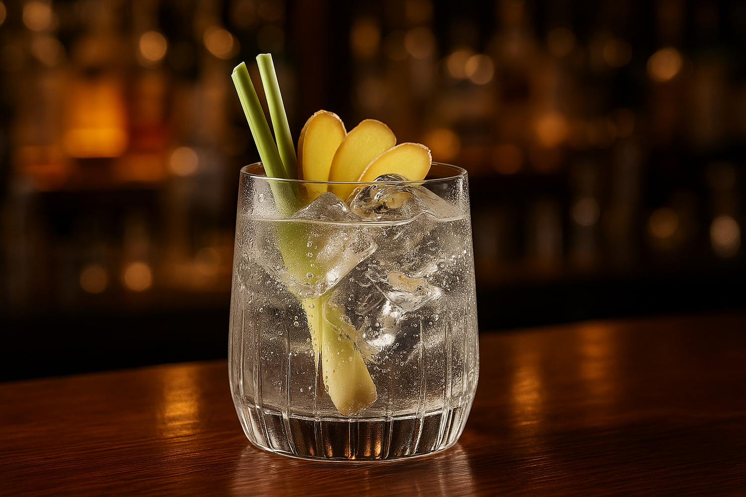 maak een afbeelding van een tumblerglas gevuld met gin en tonic ijs lemongrass en gember in een cocktailbar omgeving