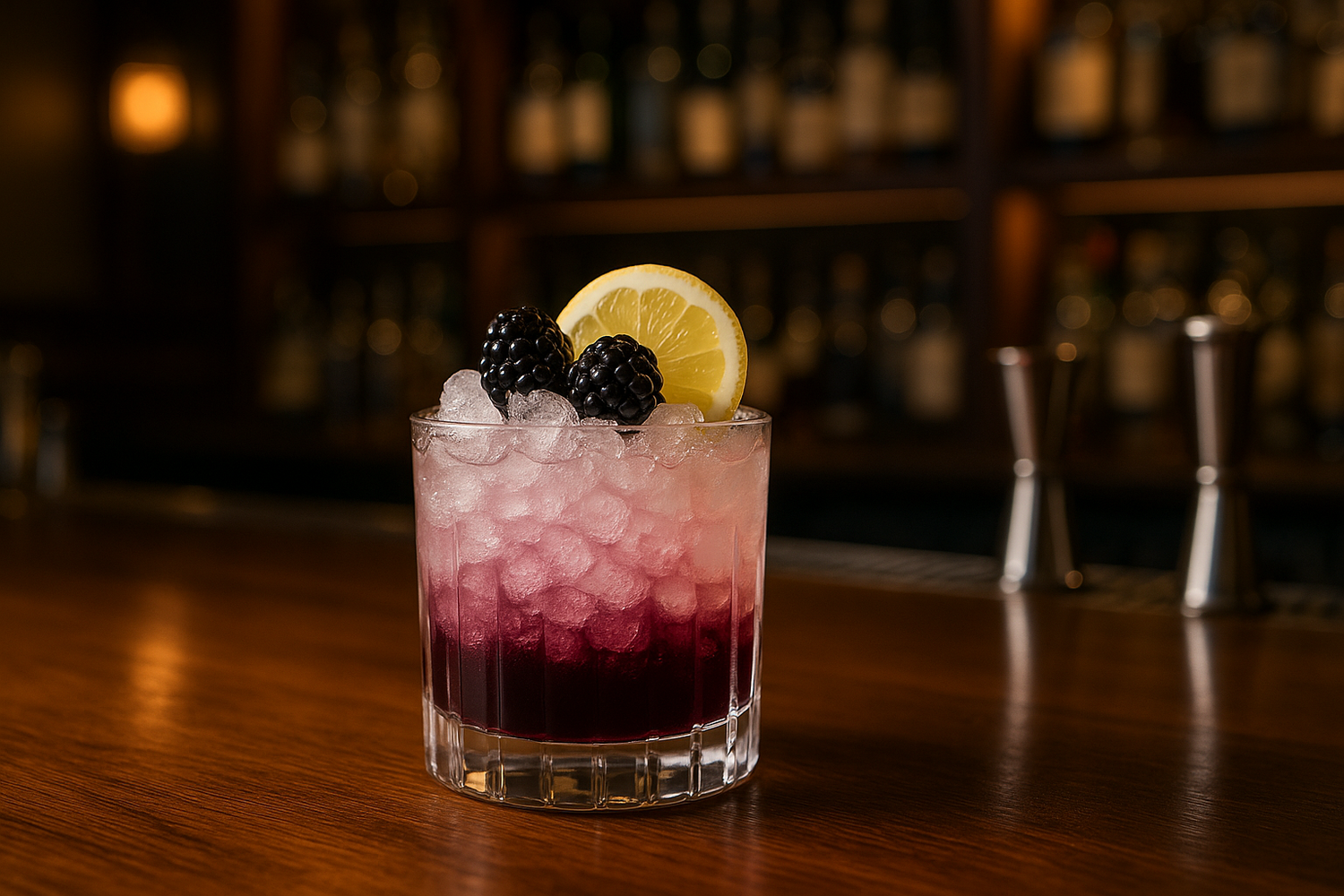 maak een bramble cocktail in een cocktailbaromgeving