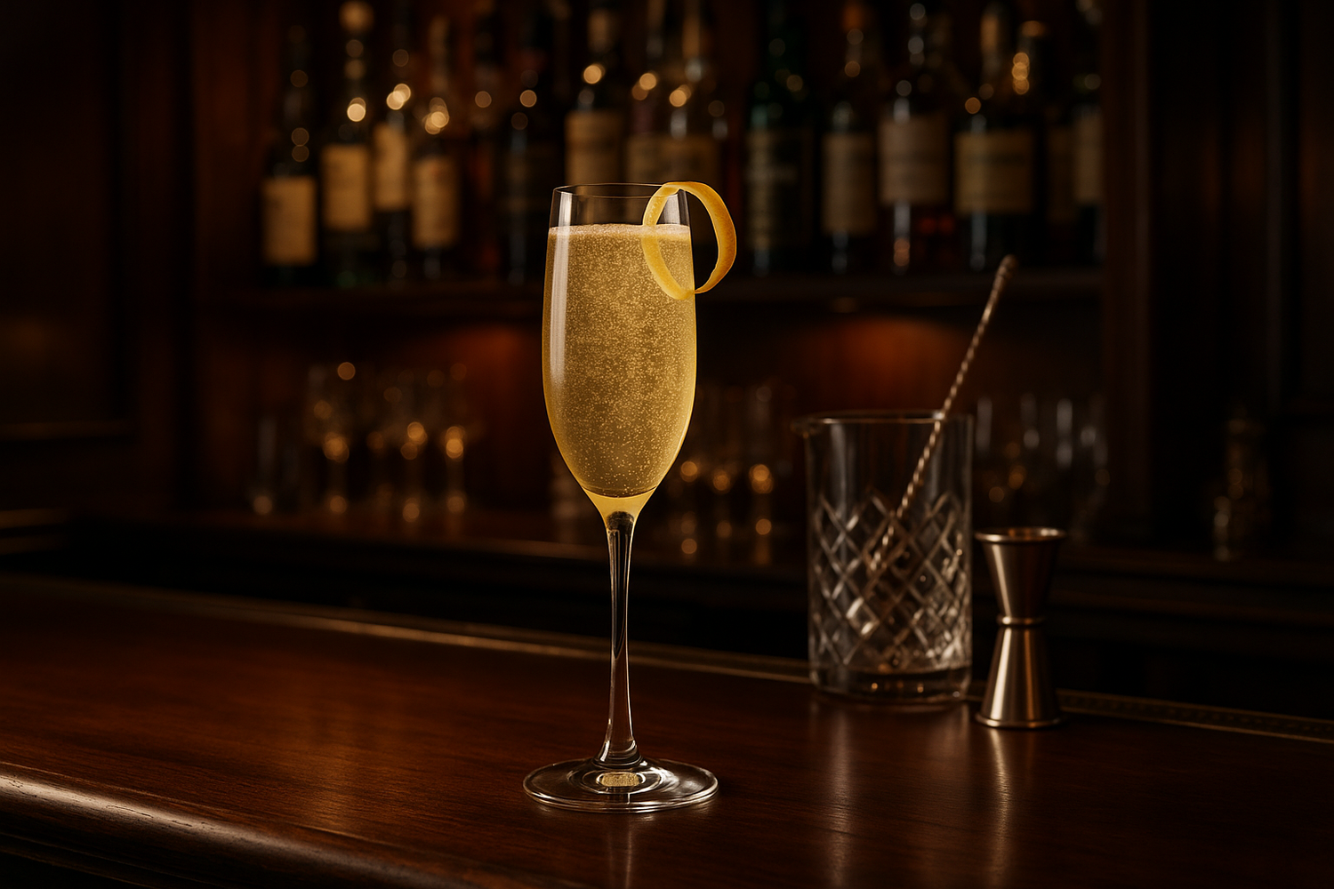 maak een french 75 cocktail in een cocktailbaromgeving