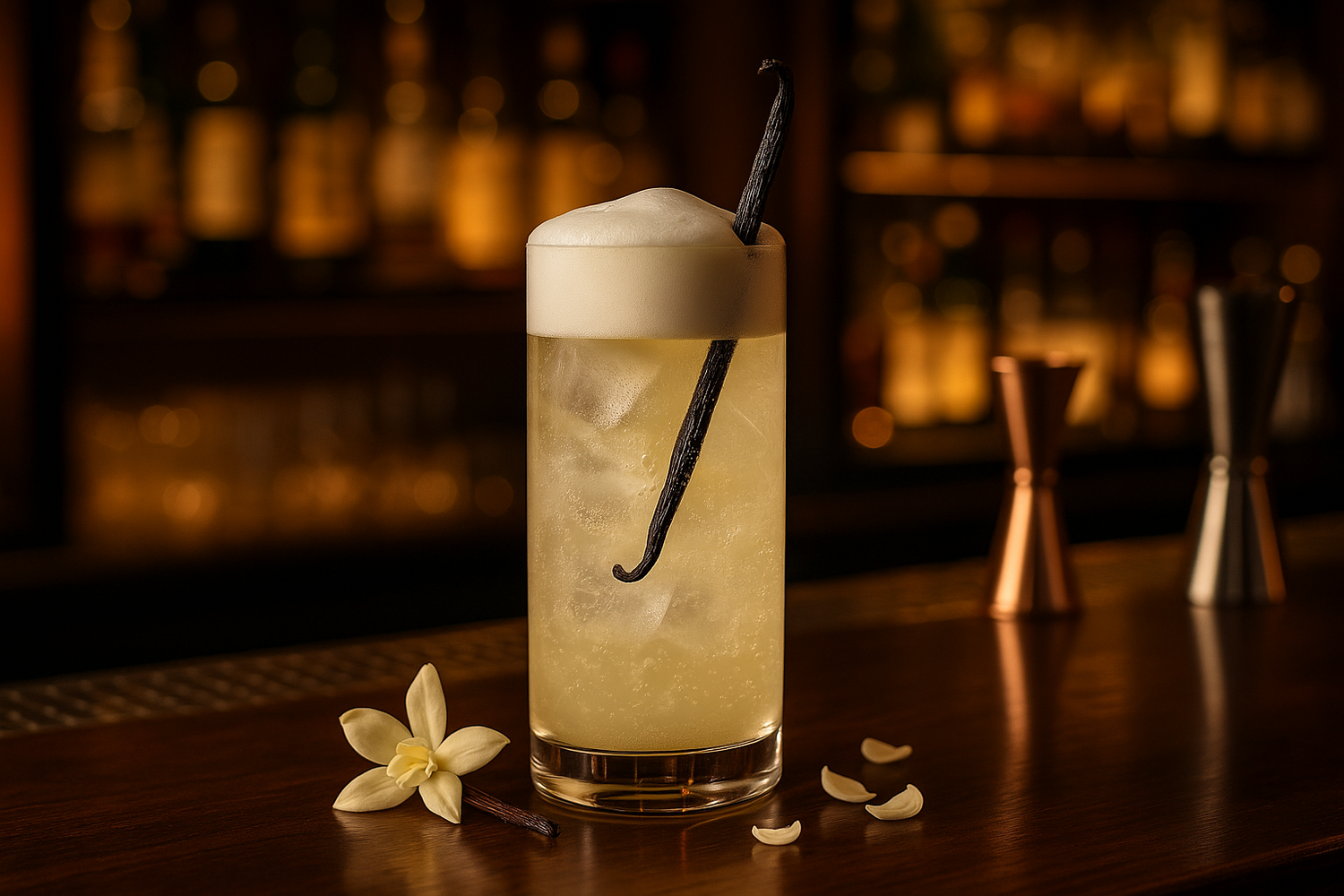 maak een gin fizz cocktail met vanille in een cocktail omgeving