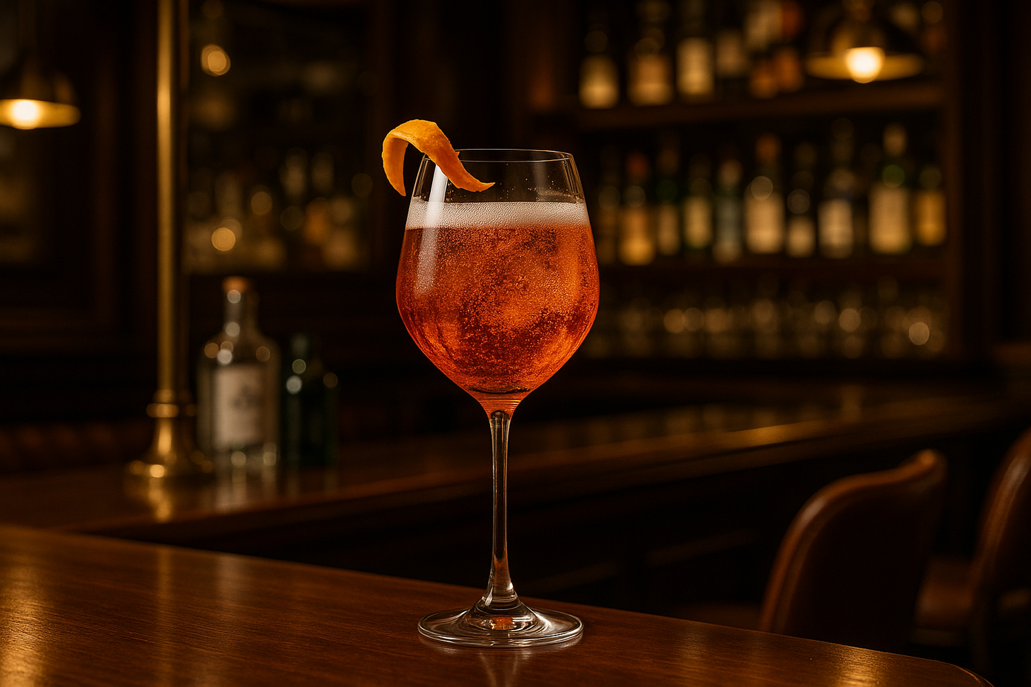 maak een negroni spumante in een cocktailbar omgeving