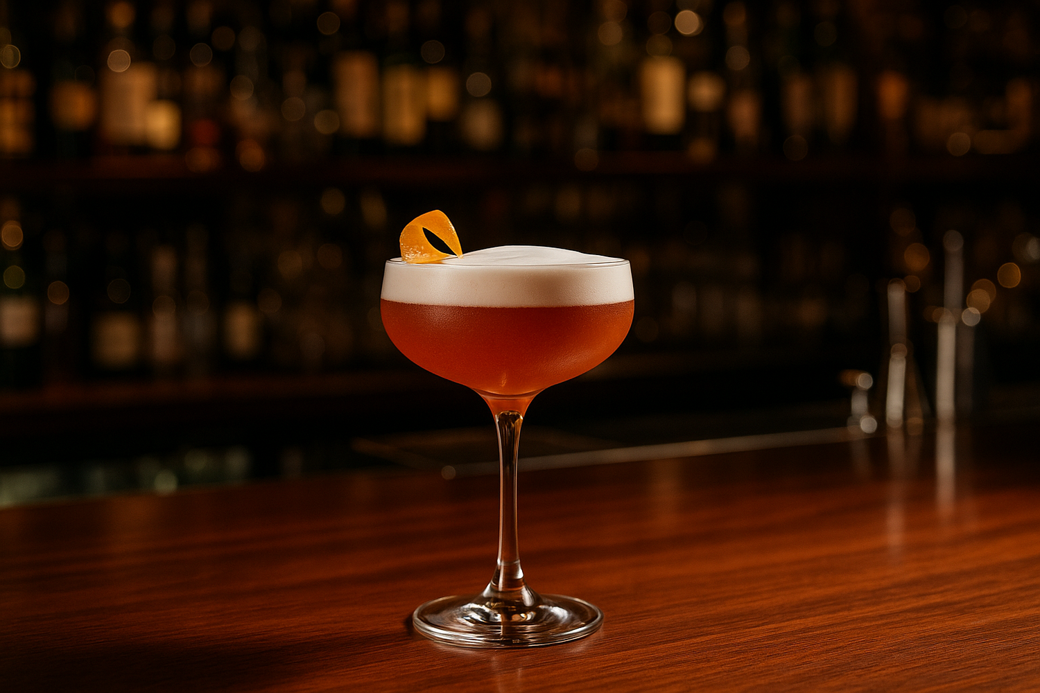 maak een negroni sour in een cocktailglas in een cocktailbaromgeving