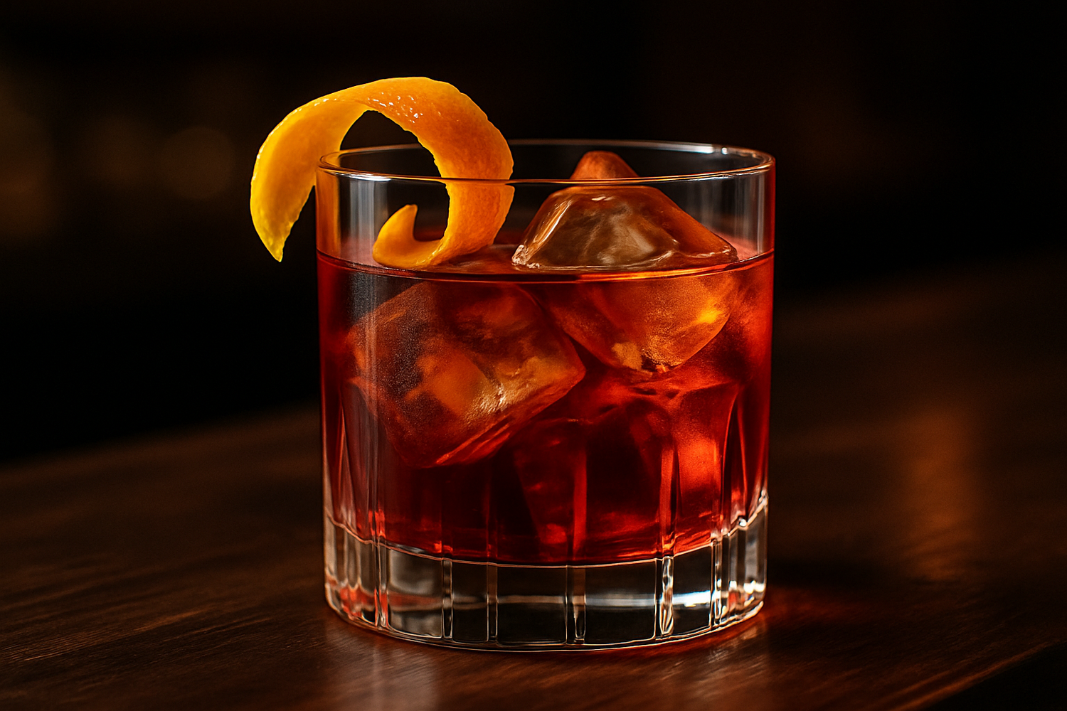 maak een tumbler met negroni cocktail ijs en een schil sinasappel opgerold erin