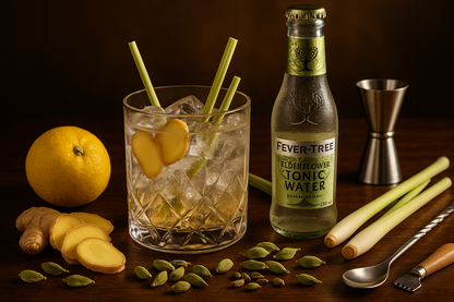 verander het flesje tonic naar fever tree eldenflower haal de jeneverbes en citroen uit het glas en voeg er gember en limoengras aan toe
